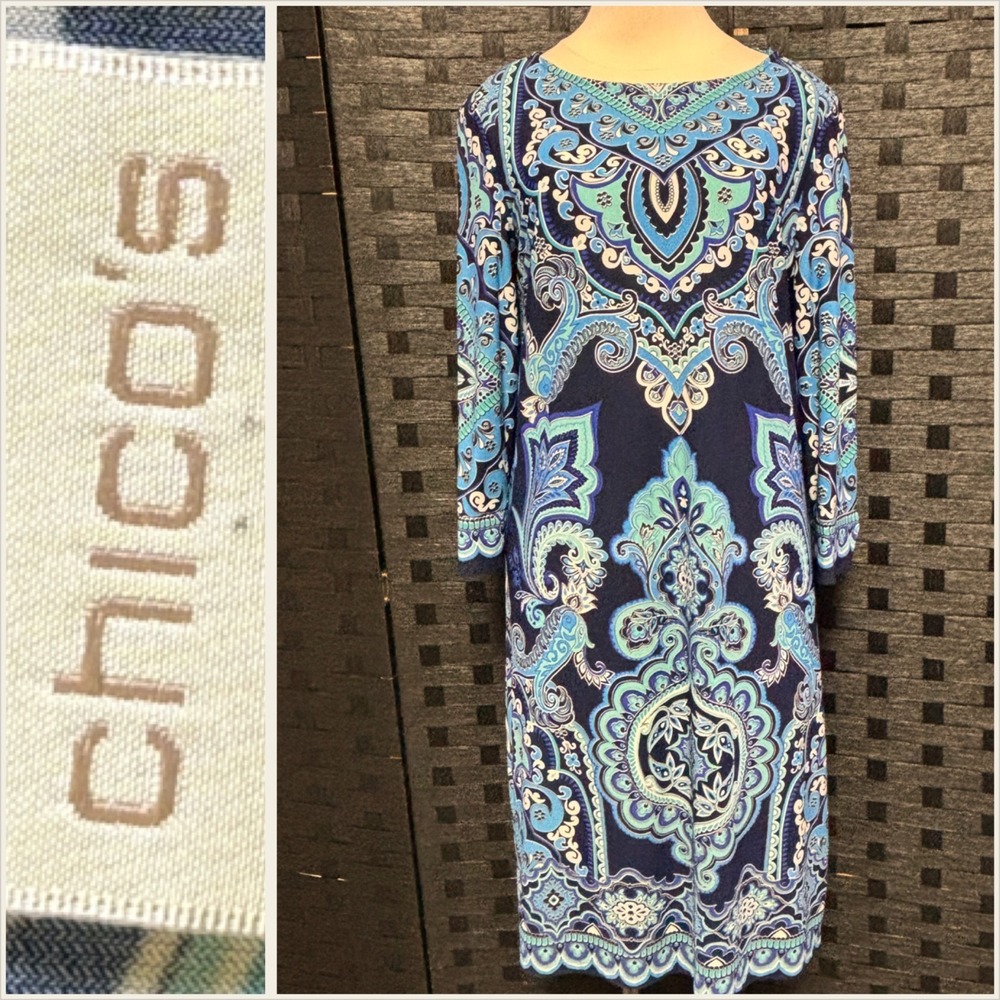 Chico's Medium Blue Paisley Print Long Sleeve Midi Dress‎